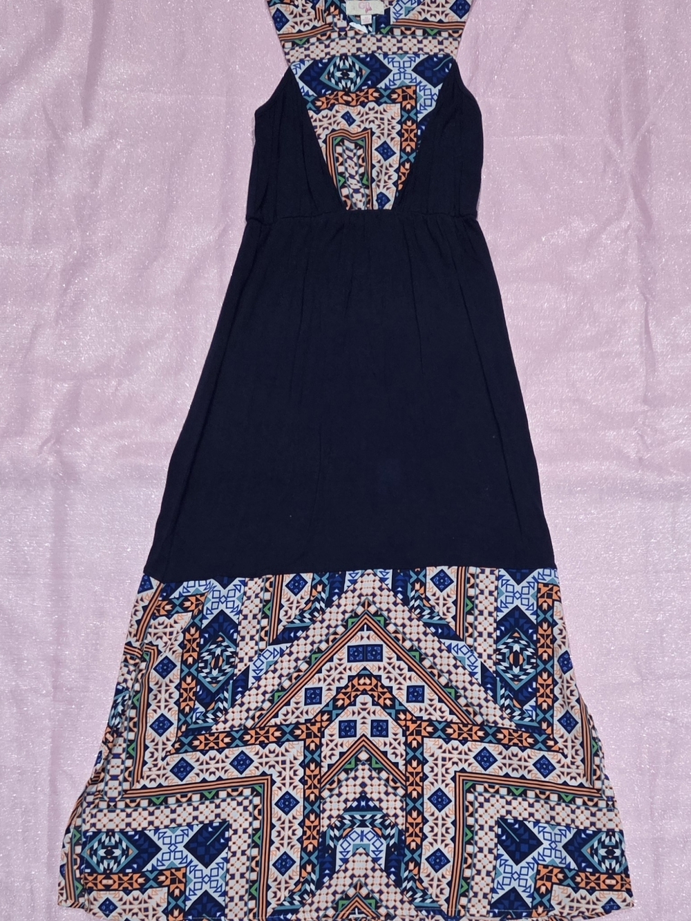 GB girls Navy Maxi Dress with Multicolor Geometric Panels